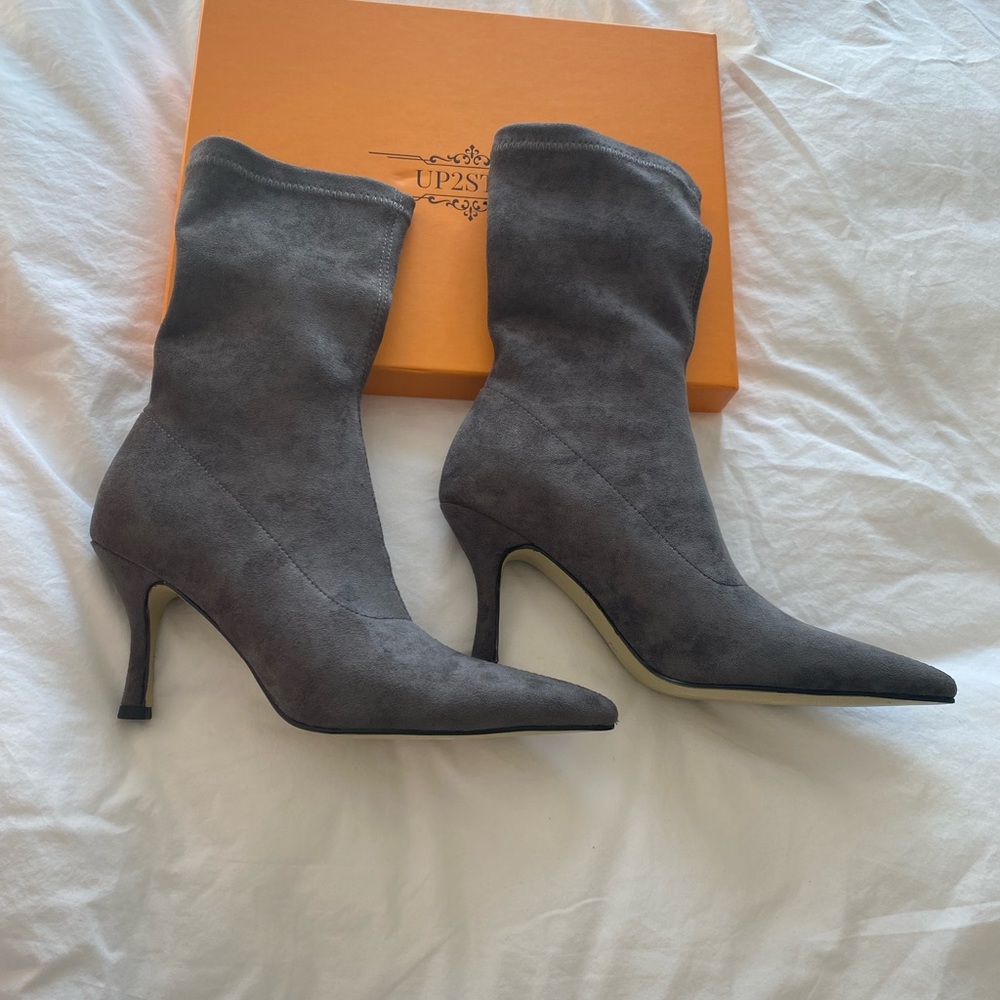 New With Box Grey Faux Suede Healed Boots Size 36
